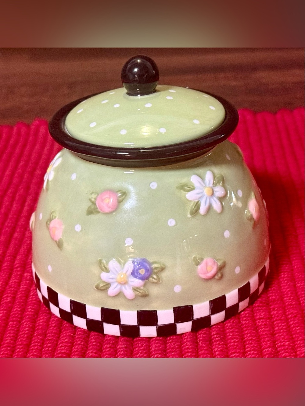 Mary Engelbreit Canister Green Jar & Lid Floral Black White Checkered 2000